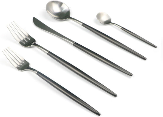 Customized 20-Piece 18/10 Stainless Steel Flatware Set, Serive for 4, With Fork Spoons Knife Teaspoon Dessert Fork for Home Kitchen Restaurant Hotel (Black + Silver)