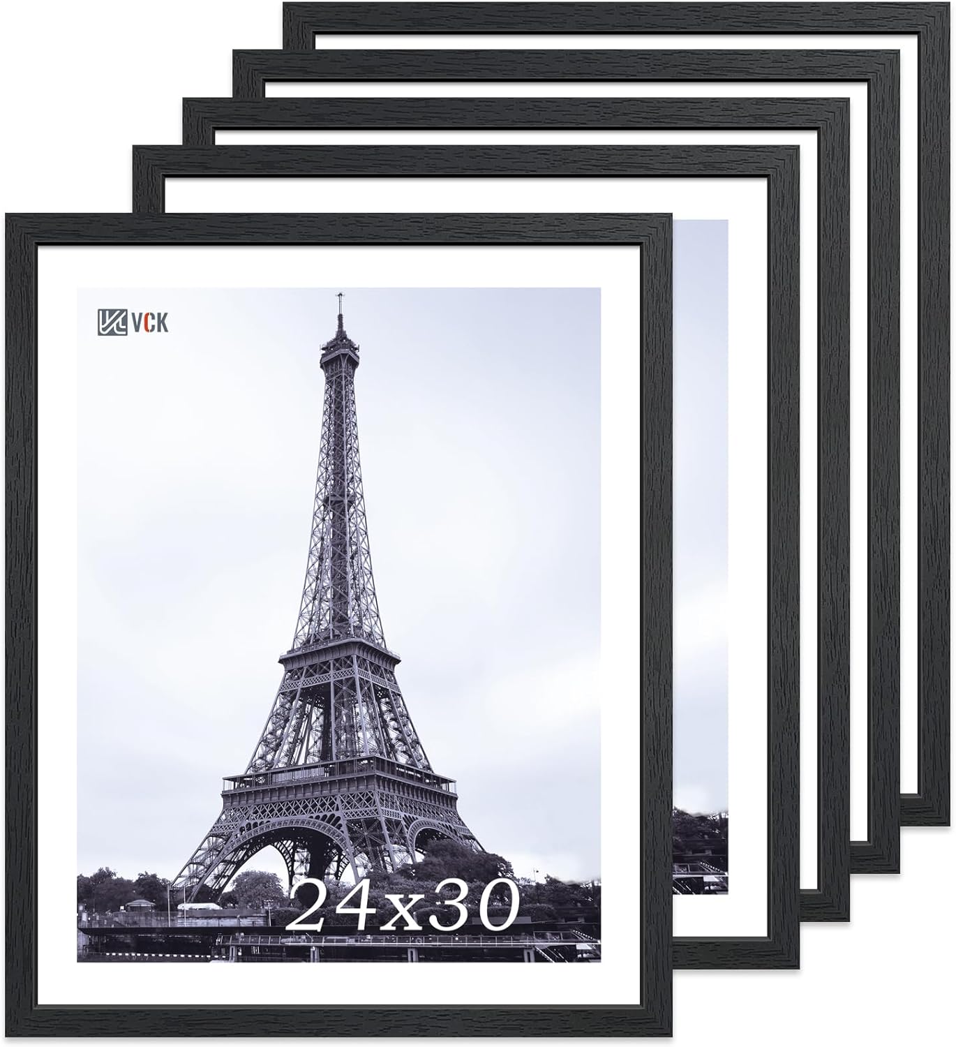 VCK 24x30 Poster Frame Set of 5 - Black, Textured Exclusive Solid Wood Picture Frames with Polished Plexiglass, Wall Hanging