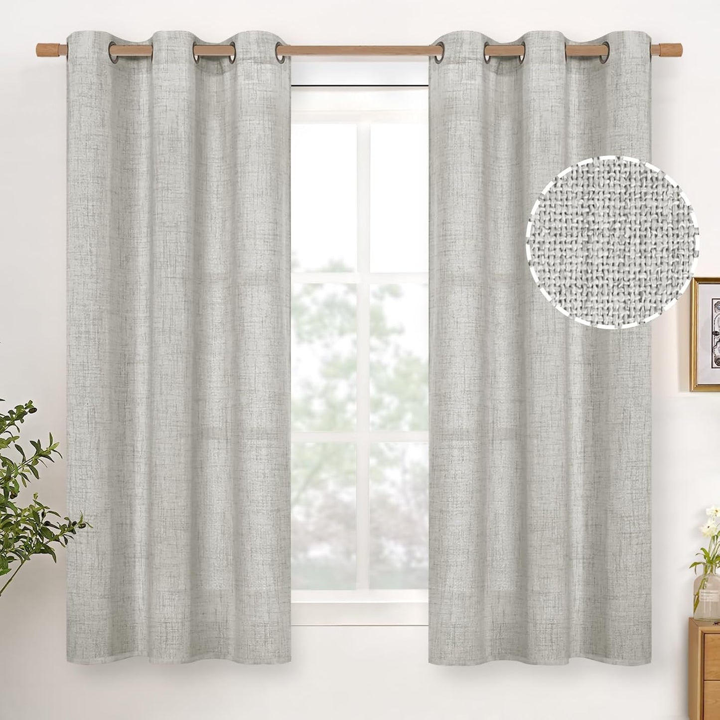 YoungsTex Light Grey Linen Semi Sheer Curtains 54 Inch Length for Short Windows, Light Filtering Drapes with Bronze Grommet Privacy for Bedroom Kitchen Bathroom, 2 Panels, 42 X 54 Inch