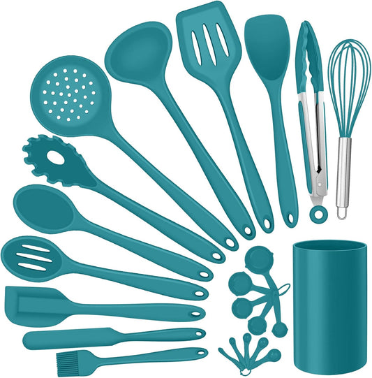 Silicone Kitchen Utensils Set, E-far 23 Pcs Blue Cooking Utensils Tools with Holder for Nonstick Cookware, Include Spatula/Spoon/Ladle/Tongs/Turner, Heat Resistant & Nontoxic, Dishwasher Safe