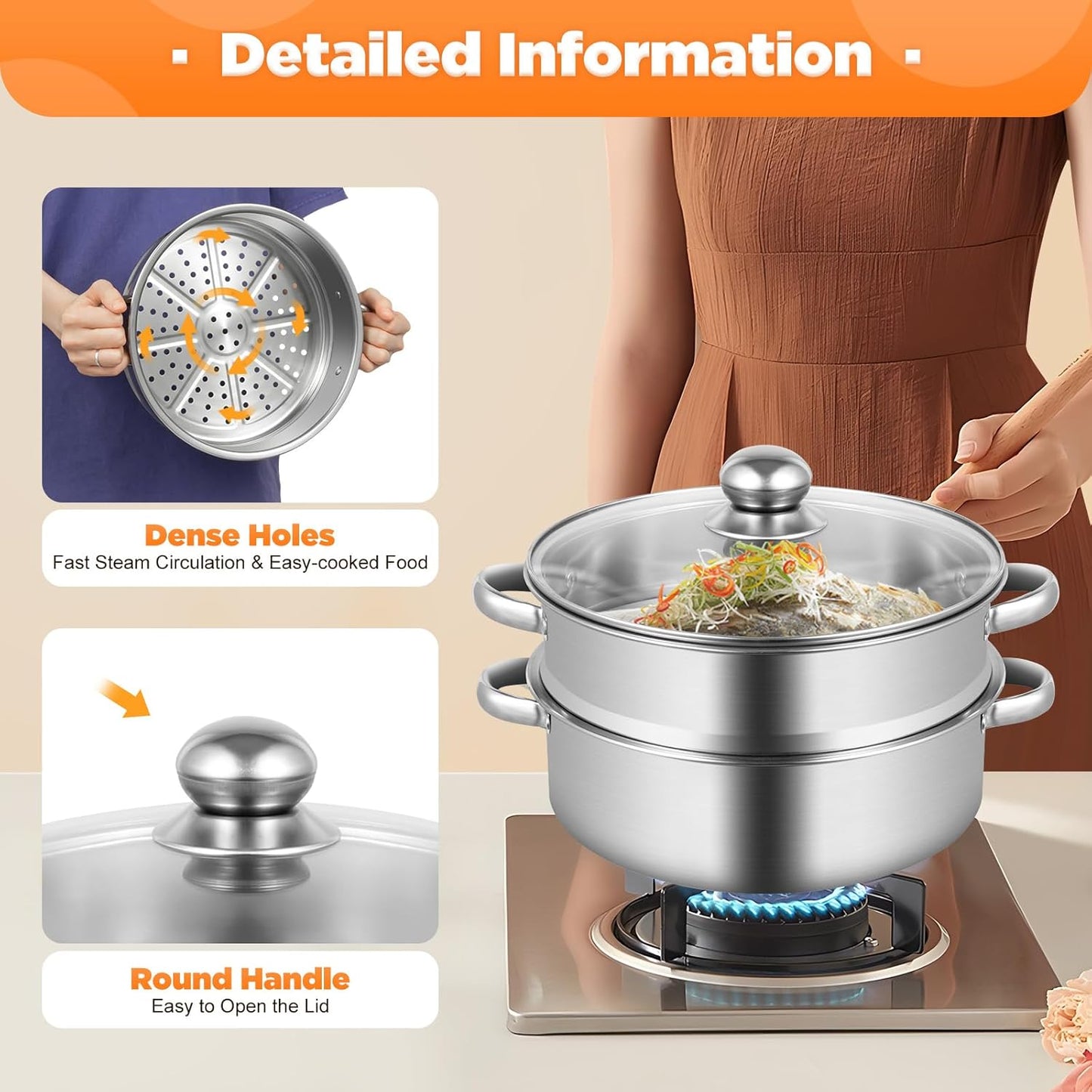 5 Tier Stainless Steel Steamer Pot Food Steamer Cooker,Stackable Vegetable Steam Pot with Glass Lid,Kitchen Multi Tier Steamer Cookware Pot for Cooking Corn,Dumpling,Fish (26cm)
