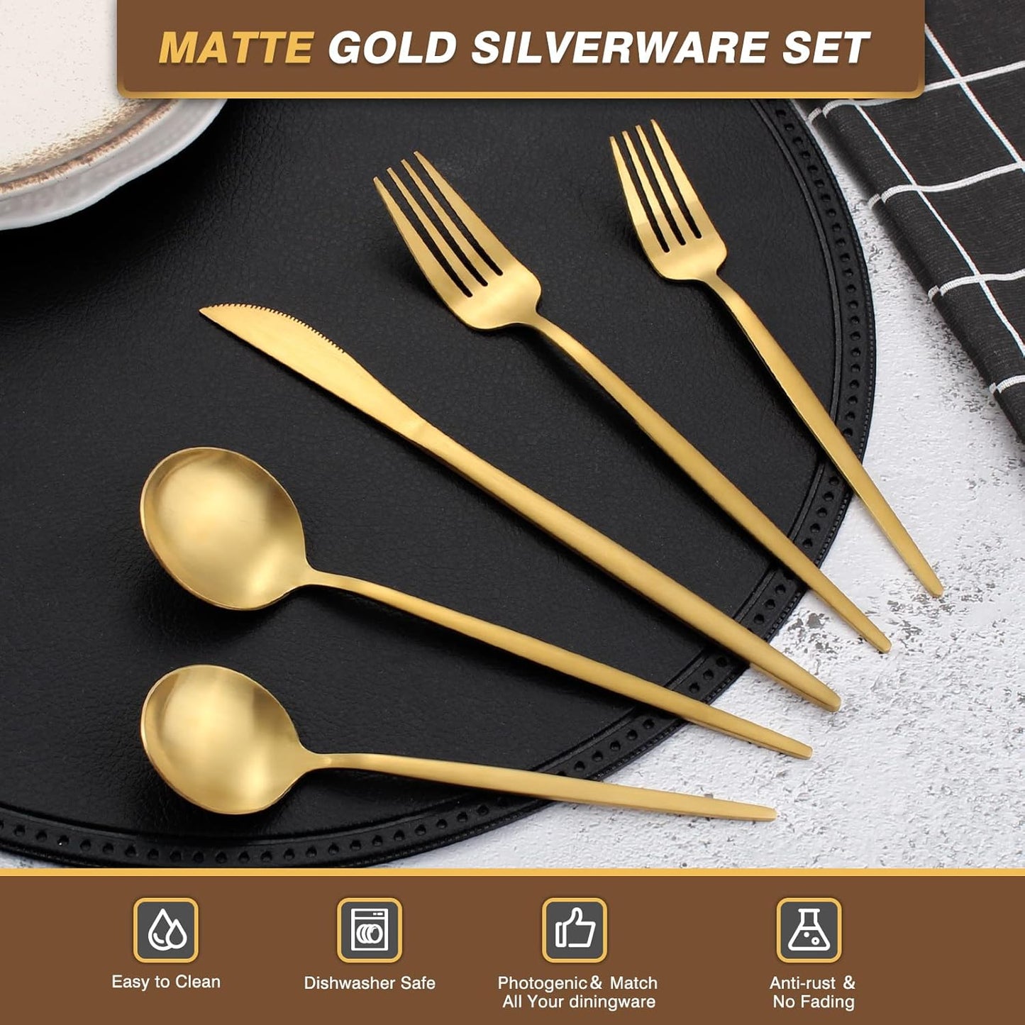 40 Pieces Silverware Set，Matte Gold Stainless Steel Flatware Cutlery Set Service for 8, Stain Finish Kitchen Utensil Set，Include Dinner Knives Forks and Spoons Silverware, Dishwasher Safe