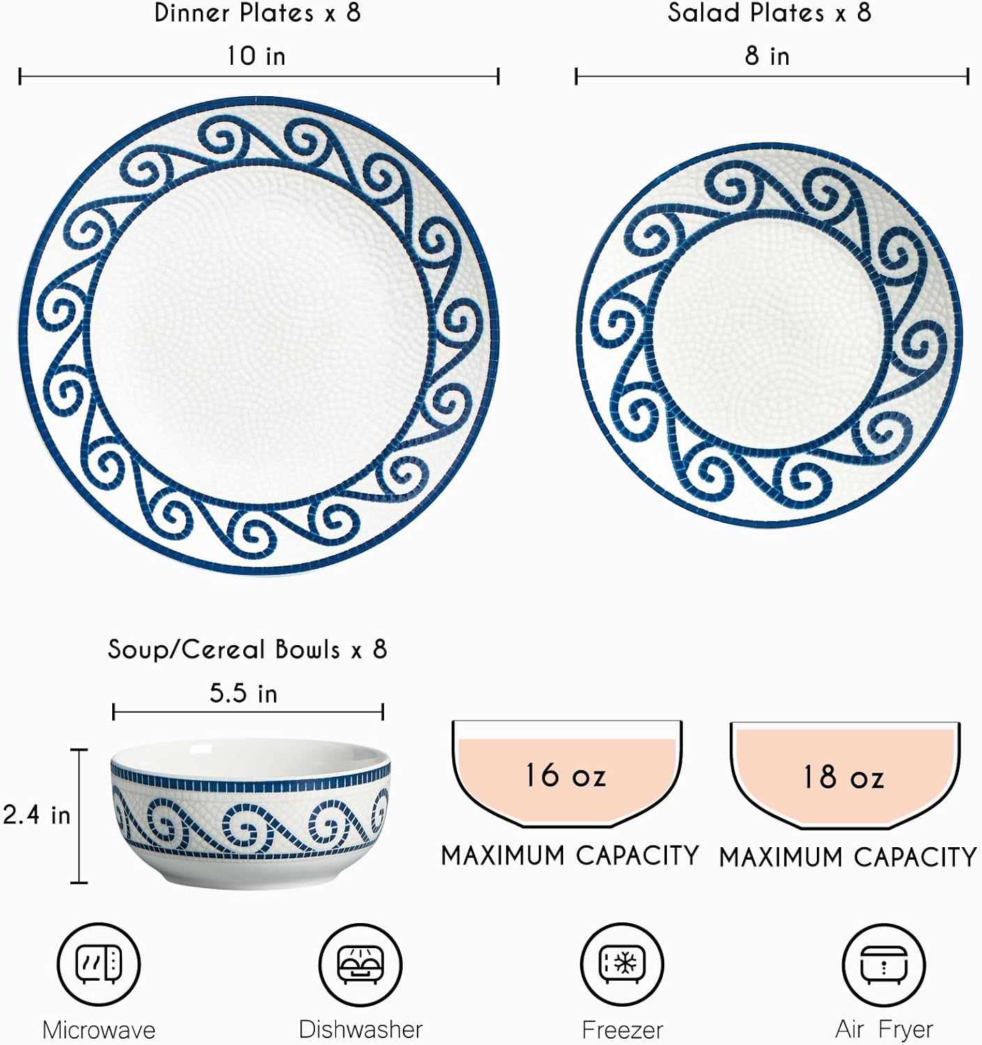 24 Piece Dinnerware Set – Coastal Dishes Dinnerware Sets for 8, Vintage Plates and Bowls Sets, Ceramic Dinnerware Sets for 8, Stoneware Kitchen Plates and Bowls Set