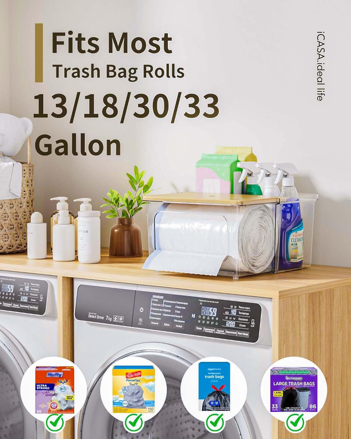 Trash Bag Dispenser Under Sink Organizer - 2 in 1 Trash Bag Holder Plastic Garbage Bags Dispenser Pods Container with Bamboo Lid, Pantry Organizers and Storage Kitchen Laundry Room Organization