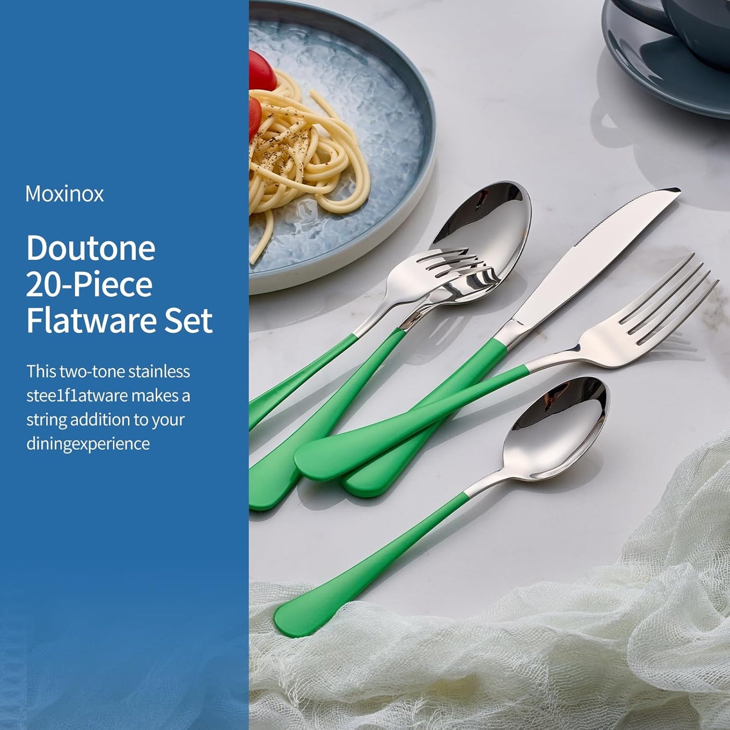 20-Piece Green Silverware Set, 18/0 Stainless Steel Green Handle Flatware Set, Service for 4, Modern Cutlery Set Includes Dinner Knives Forks Spoons, Mirror Polished, Dishwasher Safe