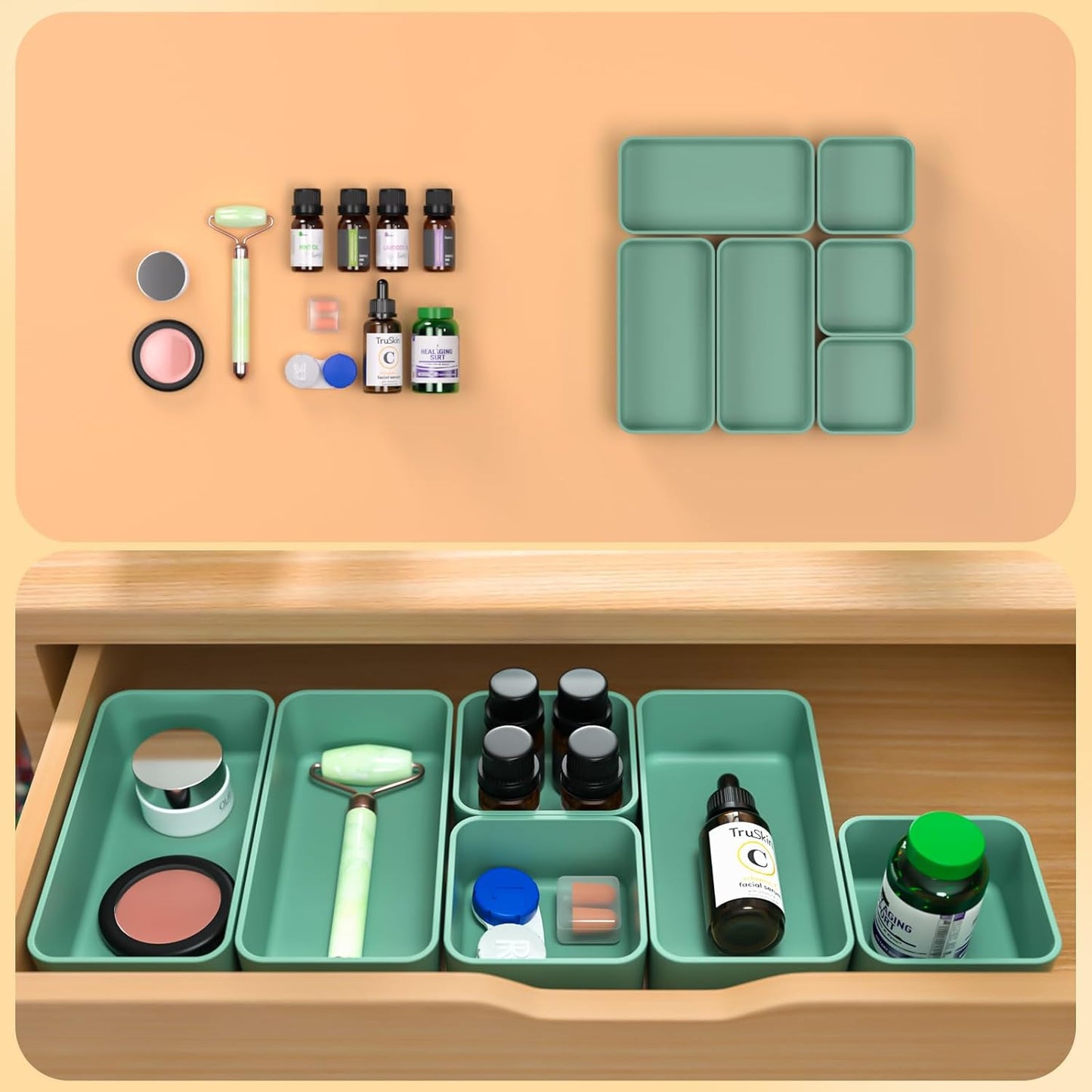 6 Pcs Stackable Drawer Organizer Set Desk Drawer Dividers, Bathroom Vanity Cosmetic Makeup Trays , Multipurpose Plastic Storage Bins for Jewelries, Kitchen Gadgets and Office Accessories, Green