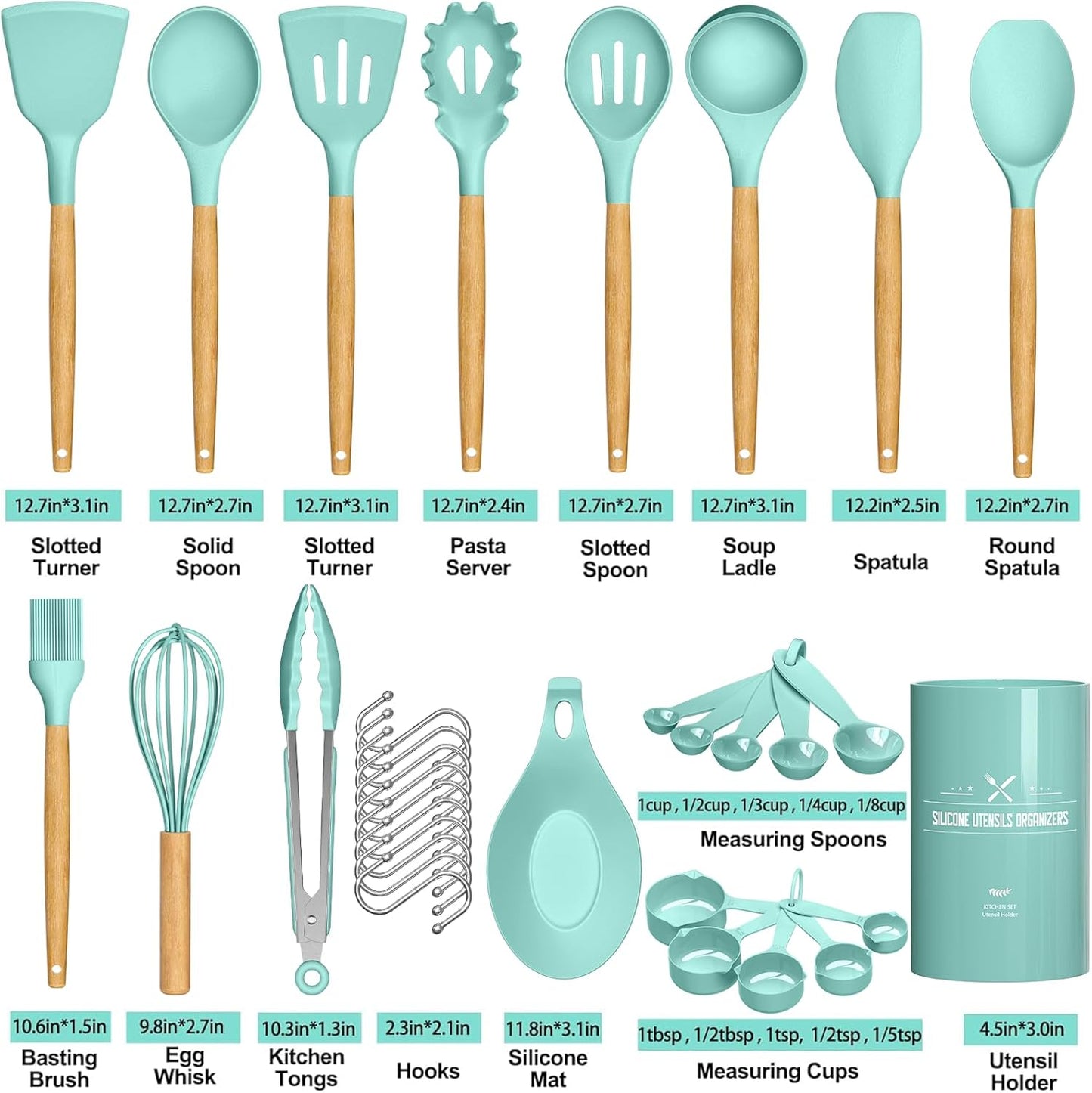 Umite Chef Kitchen Cooking Utensils Set, 24 pcs Non-stick Silicone Cooking Kitchen Utensils Spatula Set with Holder, Wooden Handle Heat Resistant Silicone Kitchen Gadgets Utensil Set (Green)