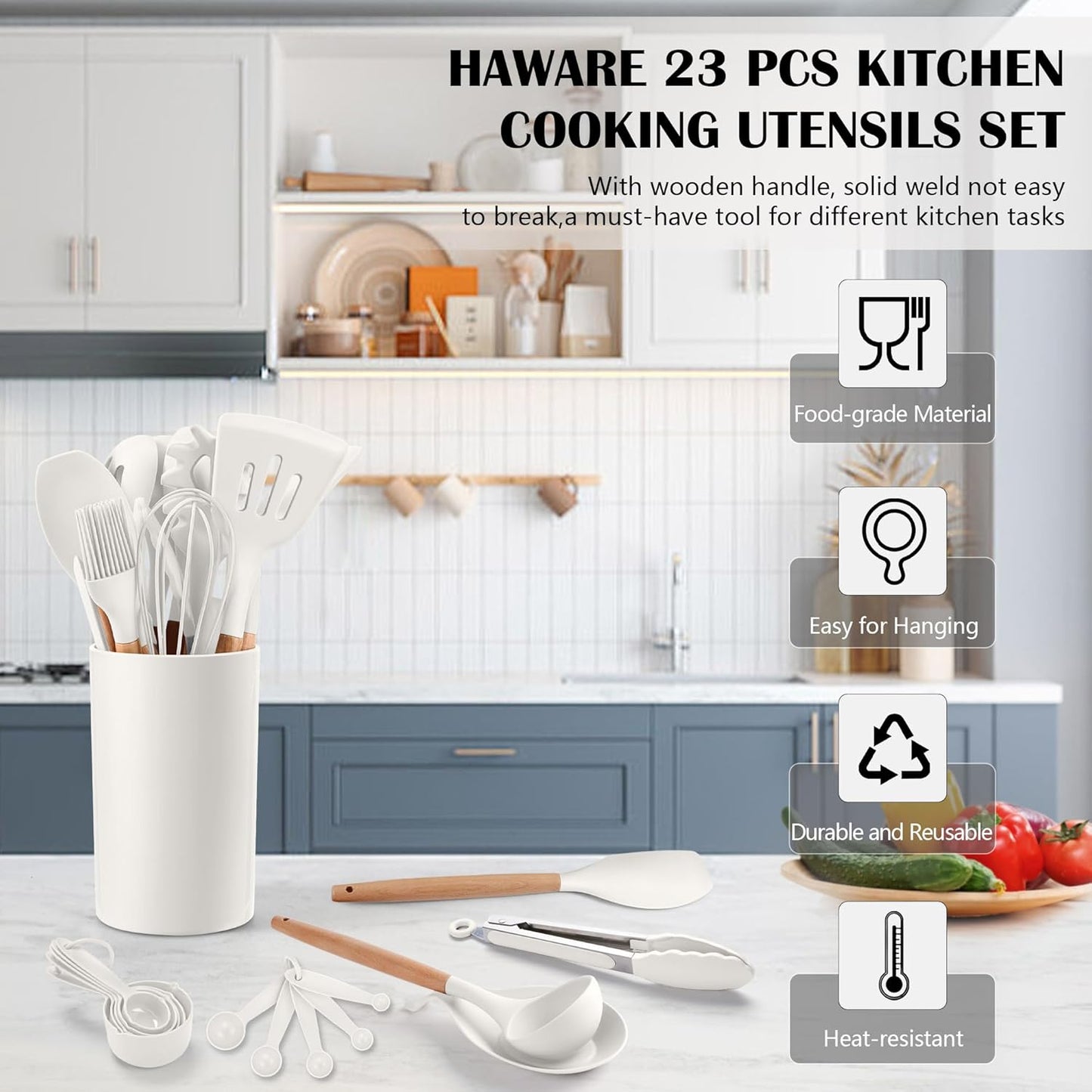 HaWare Kitchen Cooking Utensils Set, 23-Piece Silicone Kitchen Utensils Spatula Set with Holder, Heat Resistant Wooden Handle Kitchen Gadget for Nonstick Cookware, Food-grade Turner Spoon Sets (White)