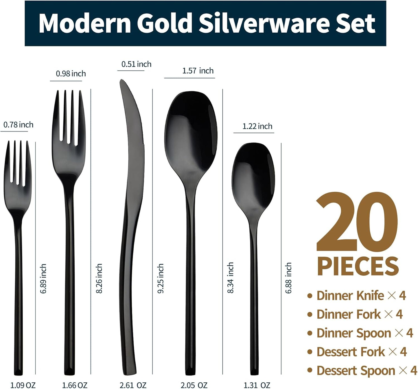 Lemeya 20-Piece Black Silverware Set for 4,Modern 18/10 Stainless Steel Flatware Set,Luxury Cutlery Set,Unique Utensils Set for Restaurant,Spoons and Forks Set,Mirror Polished,Dishwasher Safe
