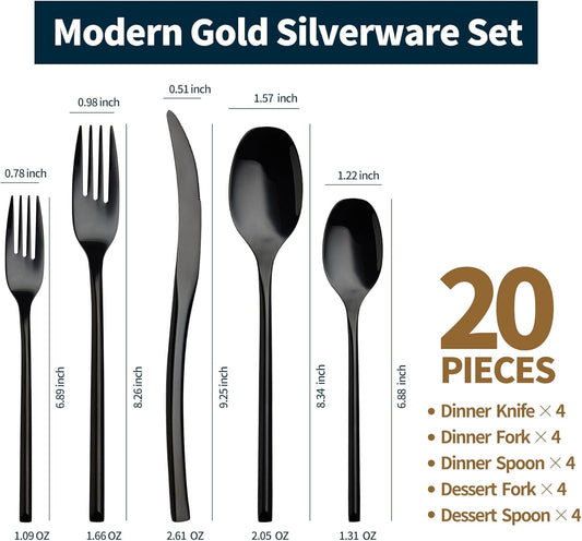 Lemeya 20-Piece Black Silverware Set for 4,Modern 18/10 Stainless Steel Flatware Set,Luxury Cutlery Set,Unique Utensils Set for Restaurant,Spoons and Forks Set,Mirror Polished,Dishwasher Safe