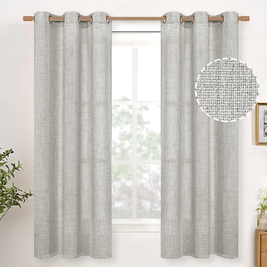YoungsTex Light Grey Linen Curtains for Bedroom 38 x 63 Inch, Privacy Light Filtering Drapes with Bronze Grommet for Living Room Office Burlap Textured Decorative Curtain, 2 Panels