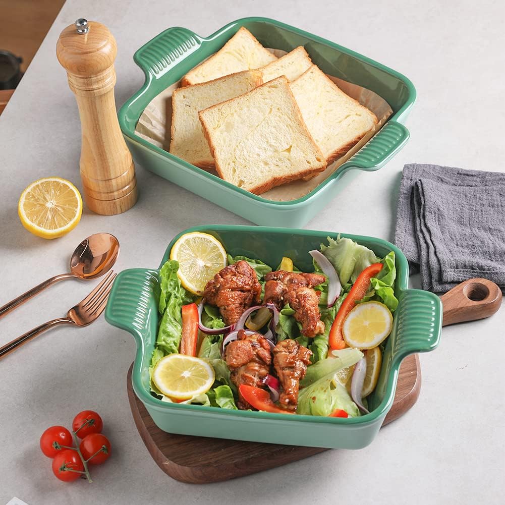 Sweejar Ceramic Baking Dish, 8 x 8 Cake Baking Pan for Brownie, Porcelain Square Bakeware with Double Handle for Casserole, Lasagna, Family Dinner (Light Green)