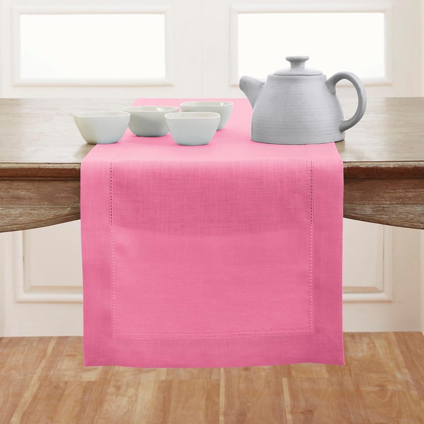 Solino Home Linen Flamingo Pink Table Runner 144 Inches Long - 100% Pure Linen Extra Long Table Runner 14 x 144 Inch for Halloween - Classic Hemstitch