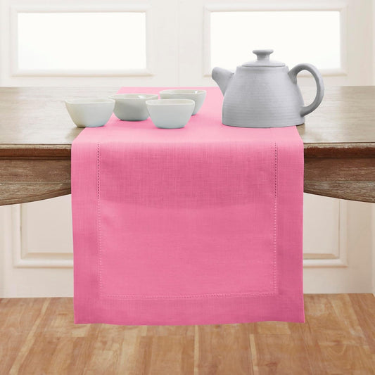 Solino Home Linen Table Runner 36 Inches - 100% Pure Linen Flamingo Pink Hemstitch Table Runner 14 x 36 Inch Ideal for Dresser and Coffee Tables - Halloween - Classic Hemstitch