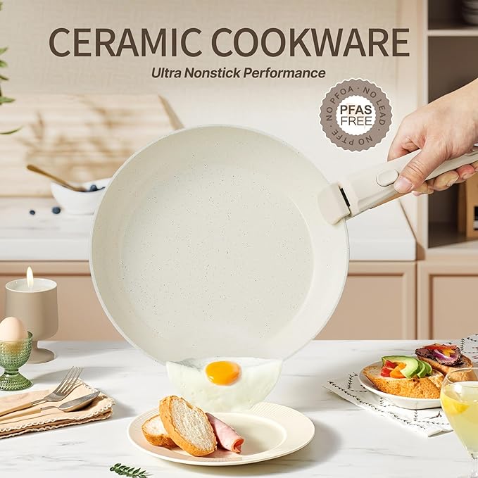 23PCS Ceramic Nonstick Cookware Set, Nonstick Detachable Handle Ceramic Cookware, Induction Kitchen Cooking Set with Removable Handle,include Frying Pans & Saucepans Oven Safe, Stackable Set