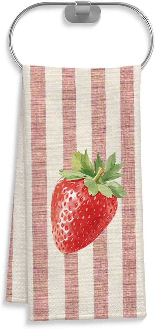 Strawberry Kitchen Towels, Pink and White Striped Summer Strawberry Dish Tea Towels for Kitchen Decor, Fruit Lover Gifts Decorative Hand Towel for Bathroom, 16x24 Inch