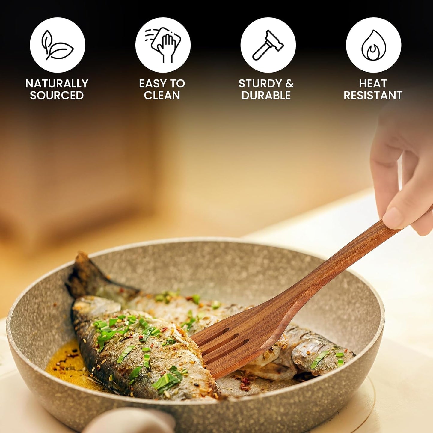 Zulay Kitchen Teak Wood Slotted Spatula – Durable & Heat-Resistant Cooking Utensil for Non-Stick Pans – Wooden Turner for Stirring, Flipping & Serving - Brown