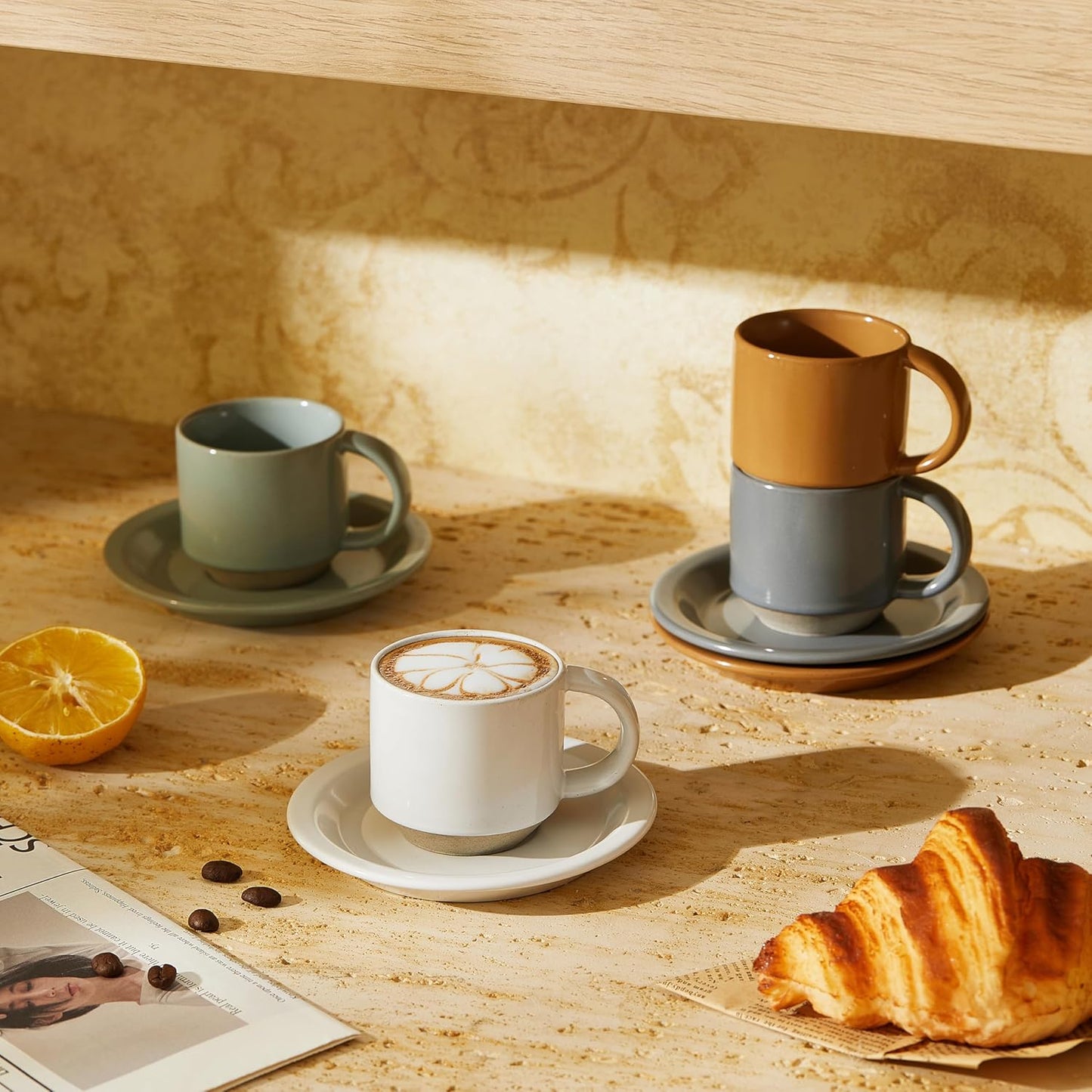 Oak Espresso Cups Set of 4, 3 oz Demitasse Cups, Modern Style, Multi Colors, Microwave & Dishwasher Safe