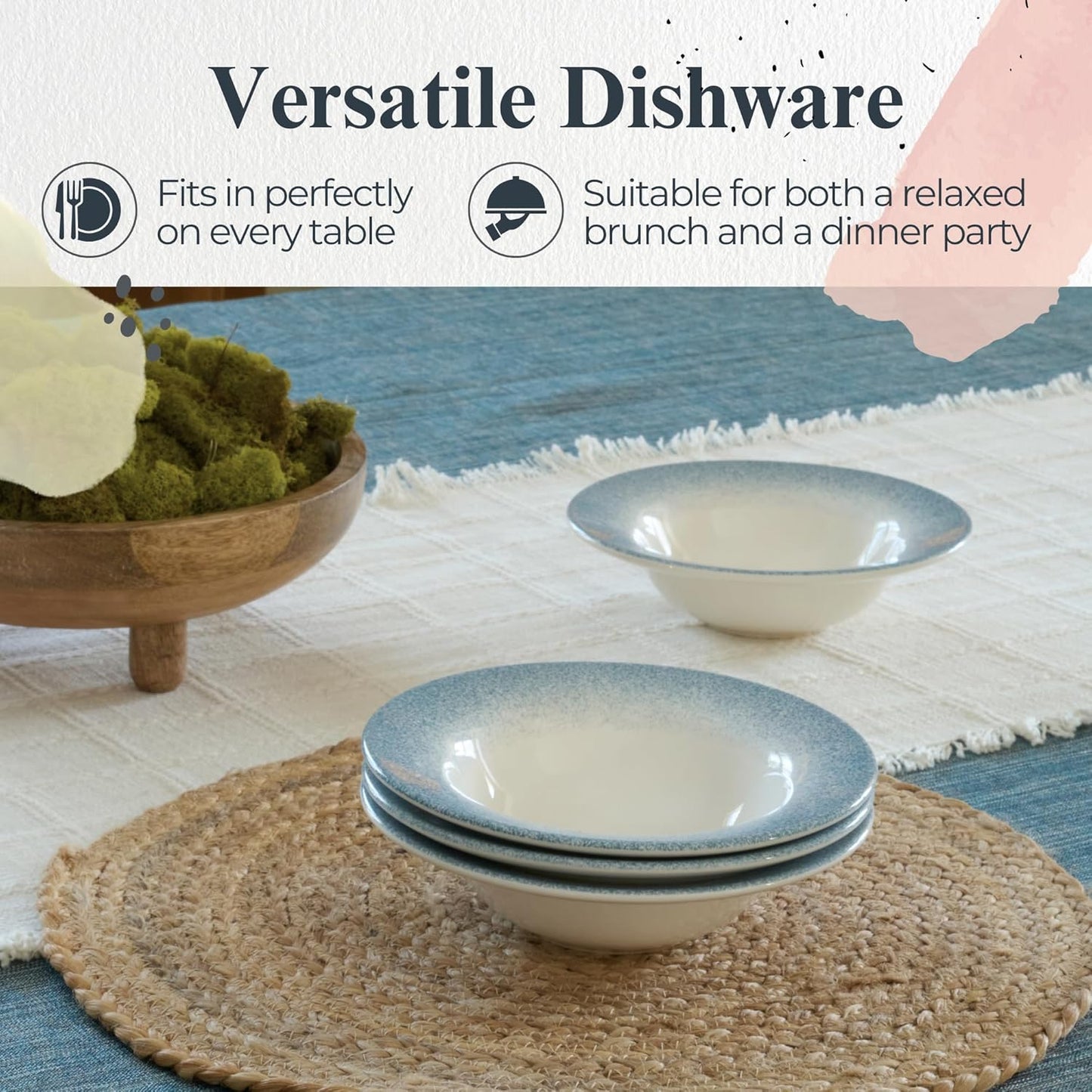 Portmeirion Potter’s Mist Oatmeal Bowls (Set of 4) - Versatile Earthenware Bowls for Kitchen, Soups, Cereal & Desserts - Dishwasher & Microwave Safe - Made in UK Dinnerware Collection (Blue Mist)