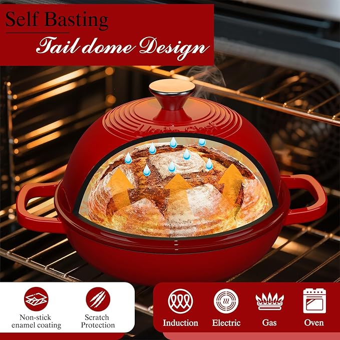 Enamelled Cast Iron Dutch Oven Pot – Dutch Oven Pot with Lid For Sourdough Bread Baking – Cast Iron Bread Oven – Red, Umite Chef 6QT Pot with Lid & Cotton Potholders