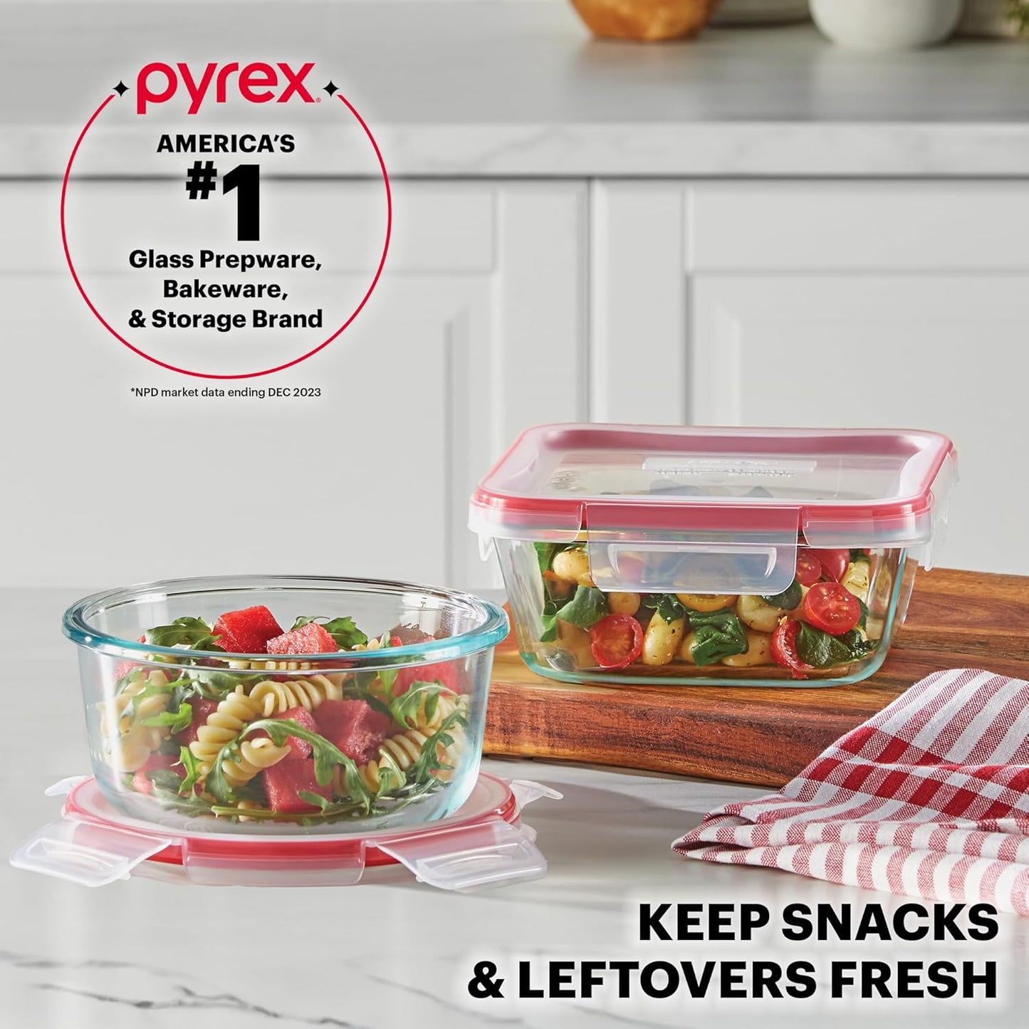 Pyrex Freshlock (7-Pack) Glass Food Storage Containers Set, (1, 2, 4 Cups) Airtight & Leakproof Locking Lids BPA-Free, Meal Prep Containers Set, Freezer Dishwasher Microwave Safe