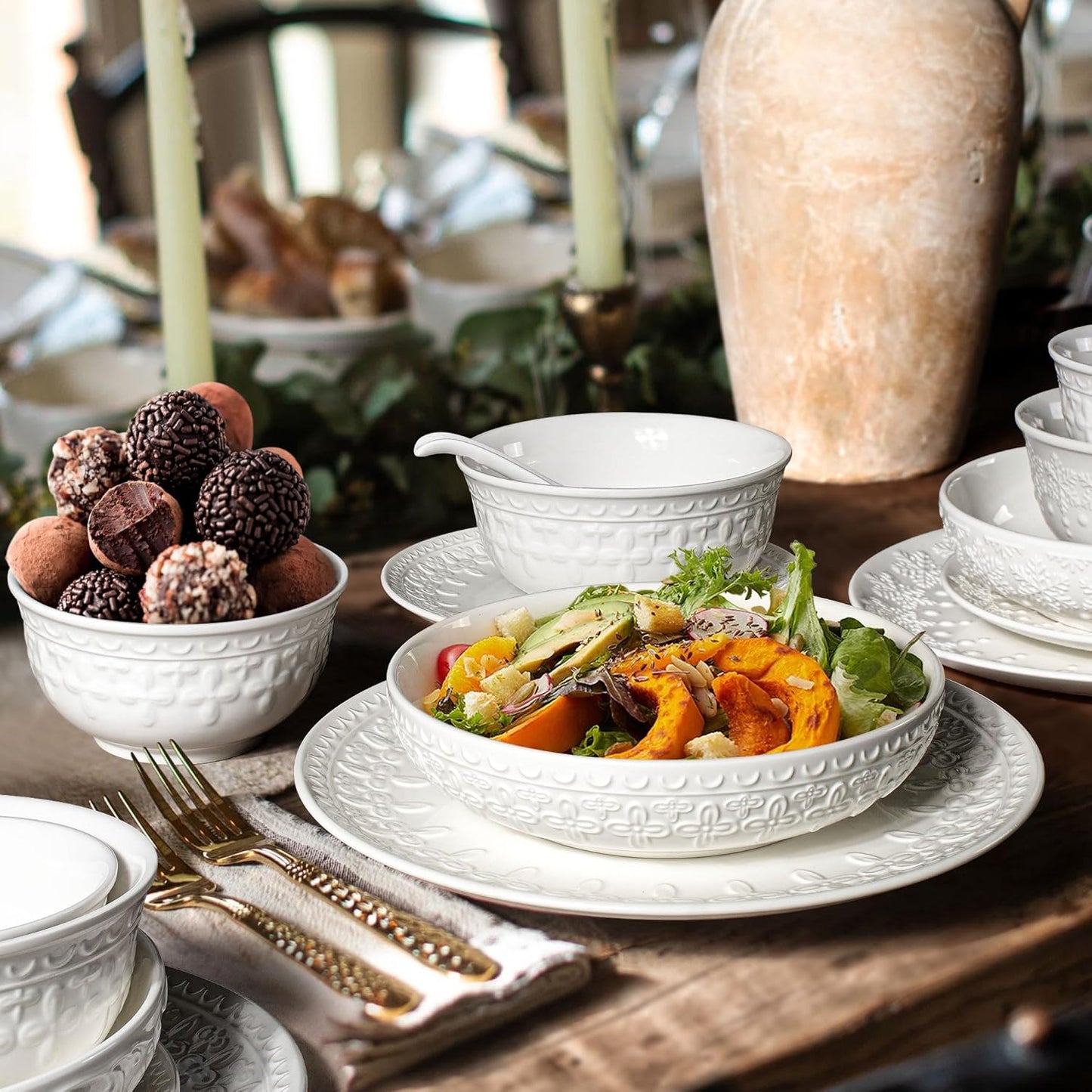 Pasta Bowls, 32oz Salad Bowls Set of 4, White Ceramic Soup Bowls 8 Inch Embossment Large Serving Bowl Wide and Shallow Bowls for Kitchen, Microwave & Dishwasher Safe (Cross Floral)