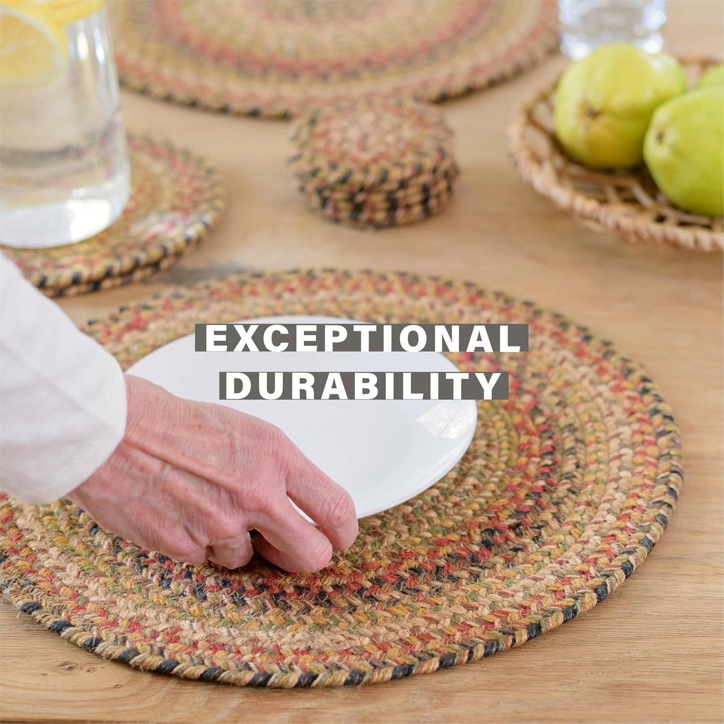 Homespice Kingston Premium Jute Braided Placemat Set of 4 Oval 10x15 Multi Color Reversible, Natural Jute Yarn Rustic, Country, Primitive, Farmhouse Style