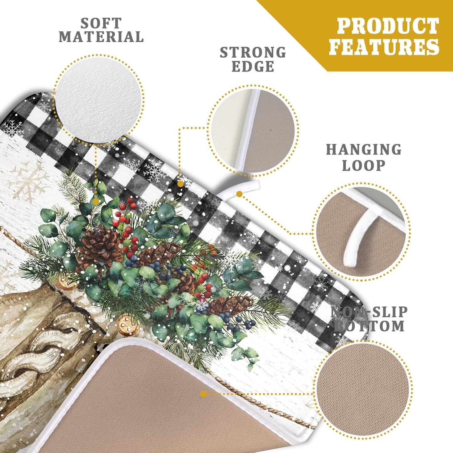 Christmas Dish Drying Mat for Counter 16'' X 18'', Black Buffalo Plaid Snowflake Gloves Dish Drainer Mats Medium Absorbent Fast Dry Microfiber Rack Pads Kitchen Accessories