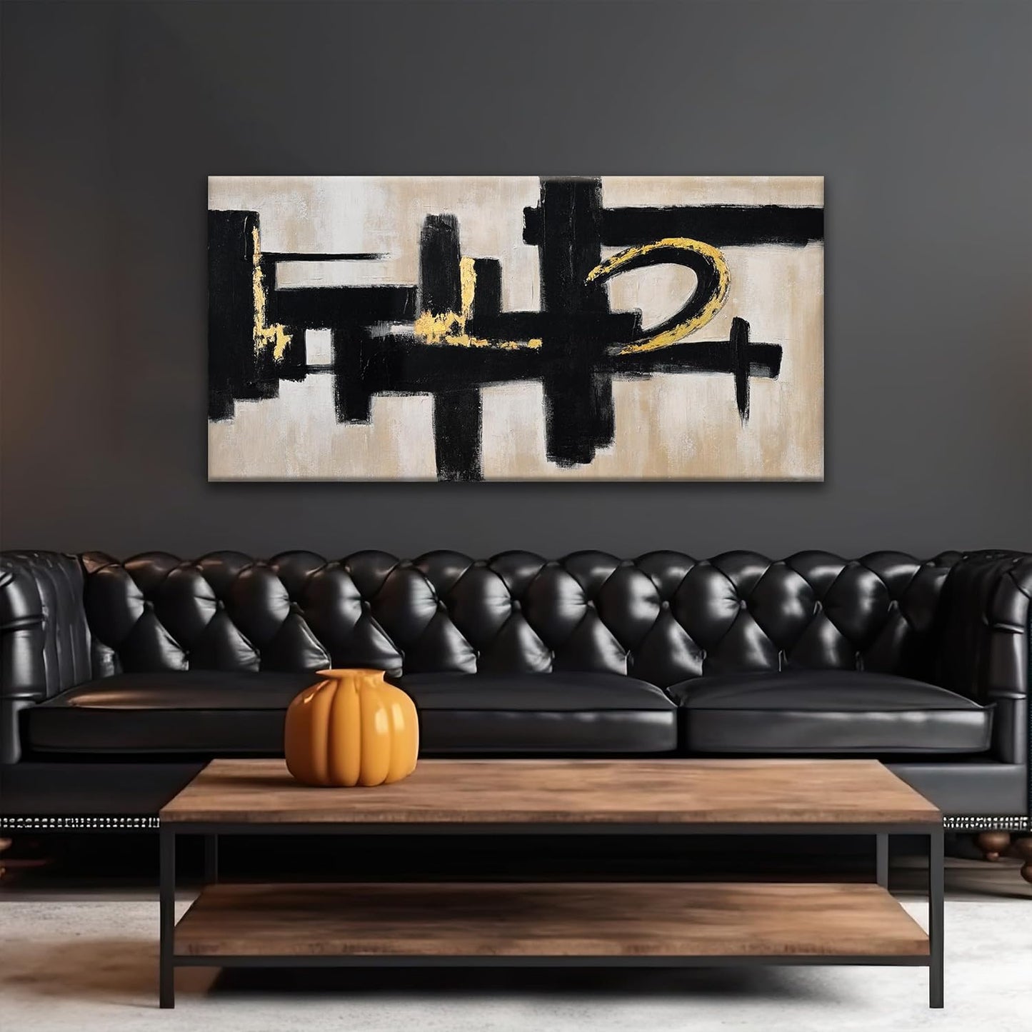 Black And Off-White Abstract Wall Art 24 x 48 Inches Modern Picture Paintings On Canvas Art Wall Decor Minimalist Textured Abstract Wall Decor Painting For Living Room Office Home Wall Decorations