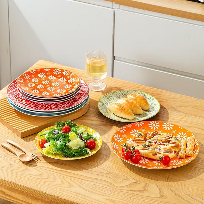 AntoKueh Dinner Plates 10.5 inch Ceramic Dessert Plate Set of 6, Large Size Porcelain Plates for Kitchen,Pizza,Pasta,Dishwasher Safe,Assorted Colorful