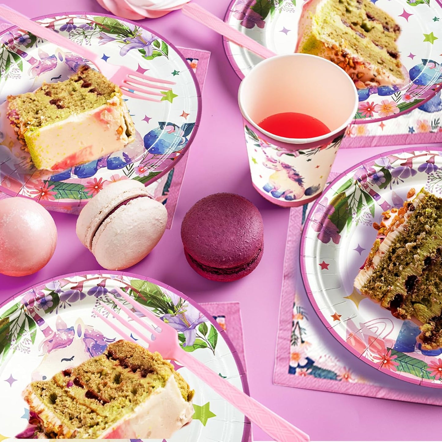 175 PCS Unicorn Birthday Plates and Napkins Sets Includes Disposable Plates Dessert Plates Napkins Cups Plastic Knives Forks Spoons Disposable Dinnerware Set For Unicorn Party (25 Guest)