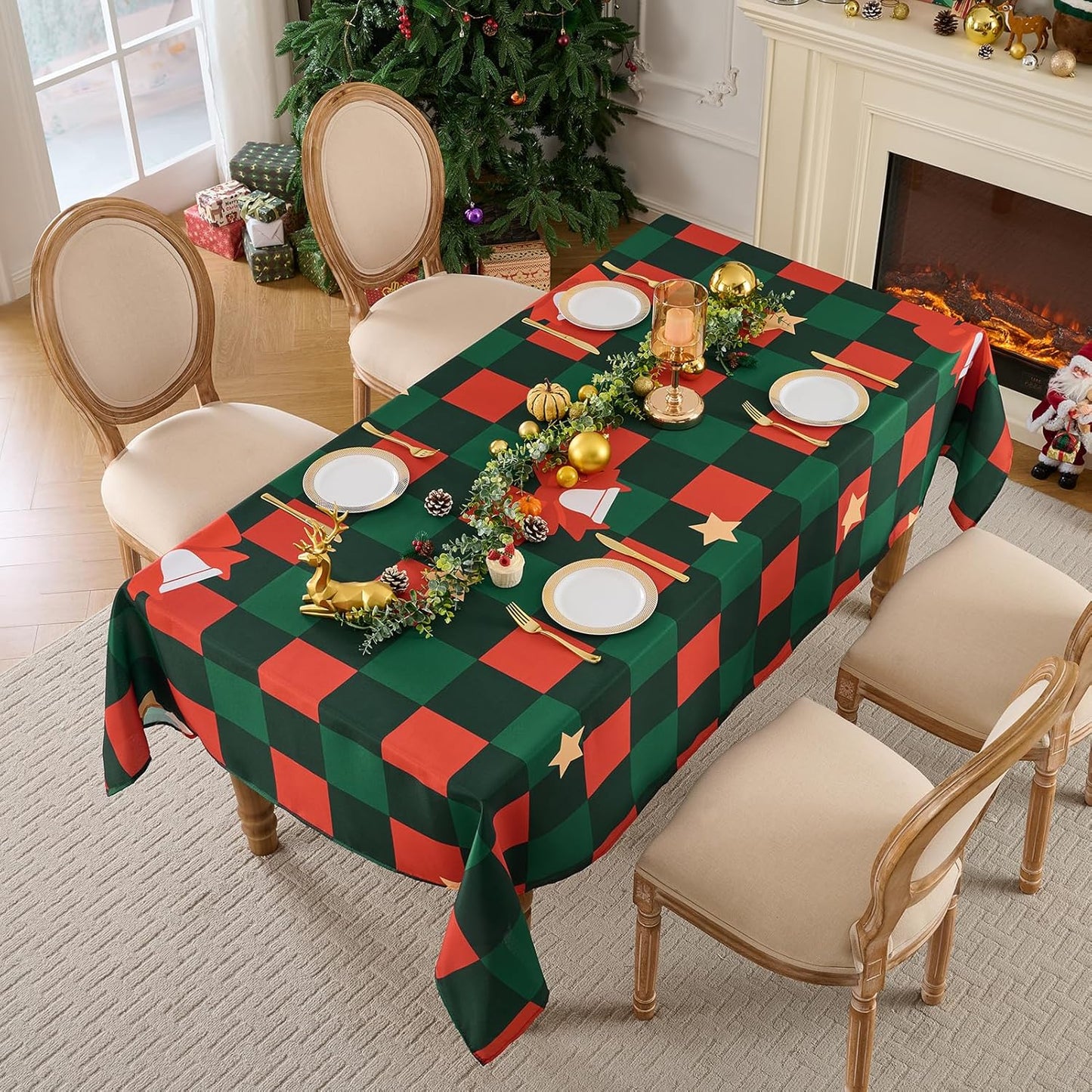 Christmas Tablecloth Rectangular 60x84 Inch Waterproof, Machine Washable Checkered Polyester Table Cover for Xmas Party, Winter Holiday Home Decoration in Festive Checkered Star 1pack