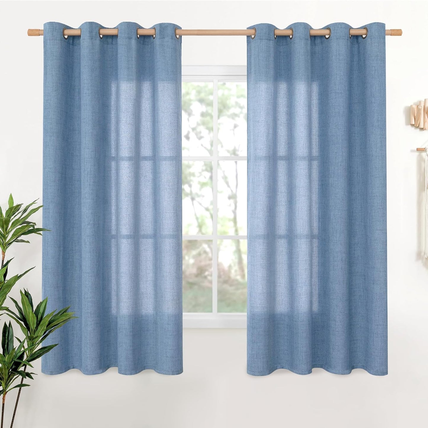 YoungsTex Denim Blue Linen Curtains 68 Inch Length for Living Room, Semi Sheer Light Filtering Window Drapes with Bronze Grommet Privacy for Farmhouse Bedroom, 52 x 68 Inch, 2 Panels