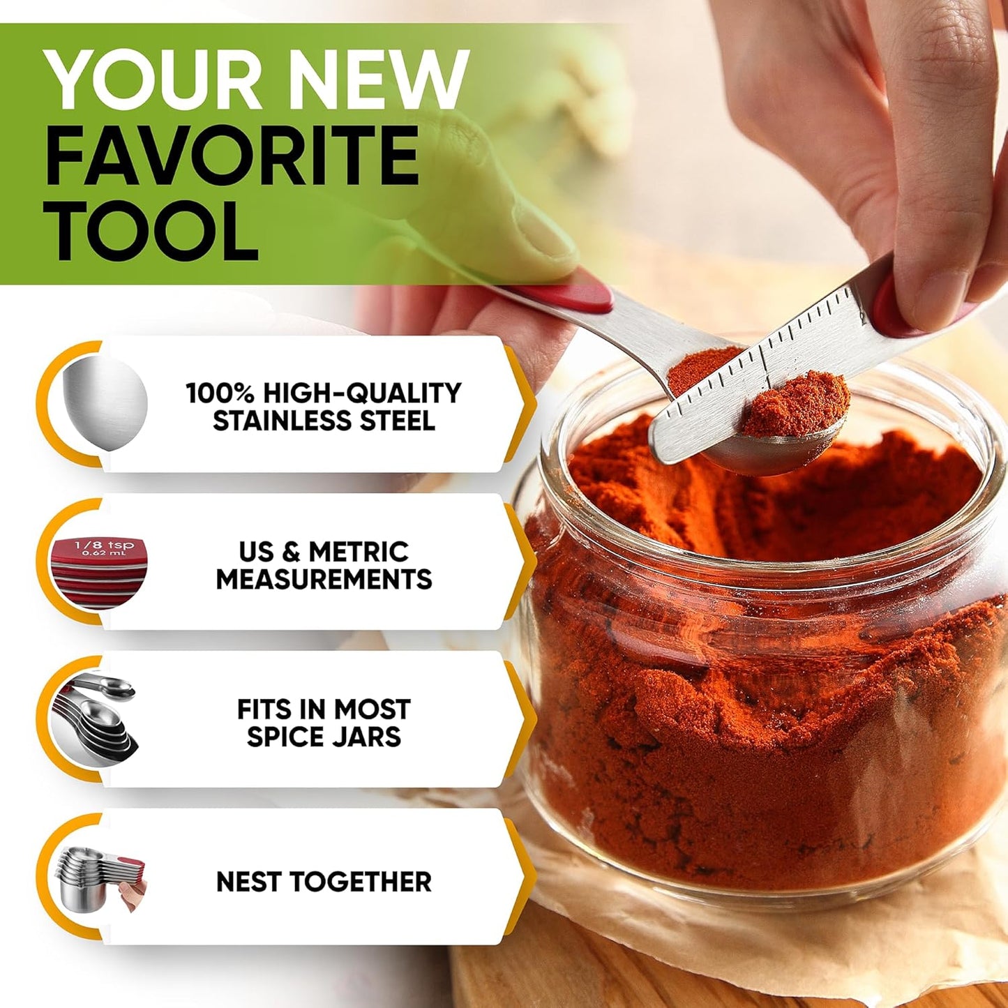 Spring Chef Magnetic Measuring Cups & Spoons Set, Patented, Strong N45 Magnets, Heavy Duty Stainless Steel Fits in Spice Jars for Baking & Cooking, BPA Free, Round Set of 15 with Leveler, Red