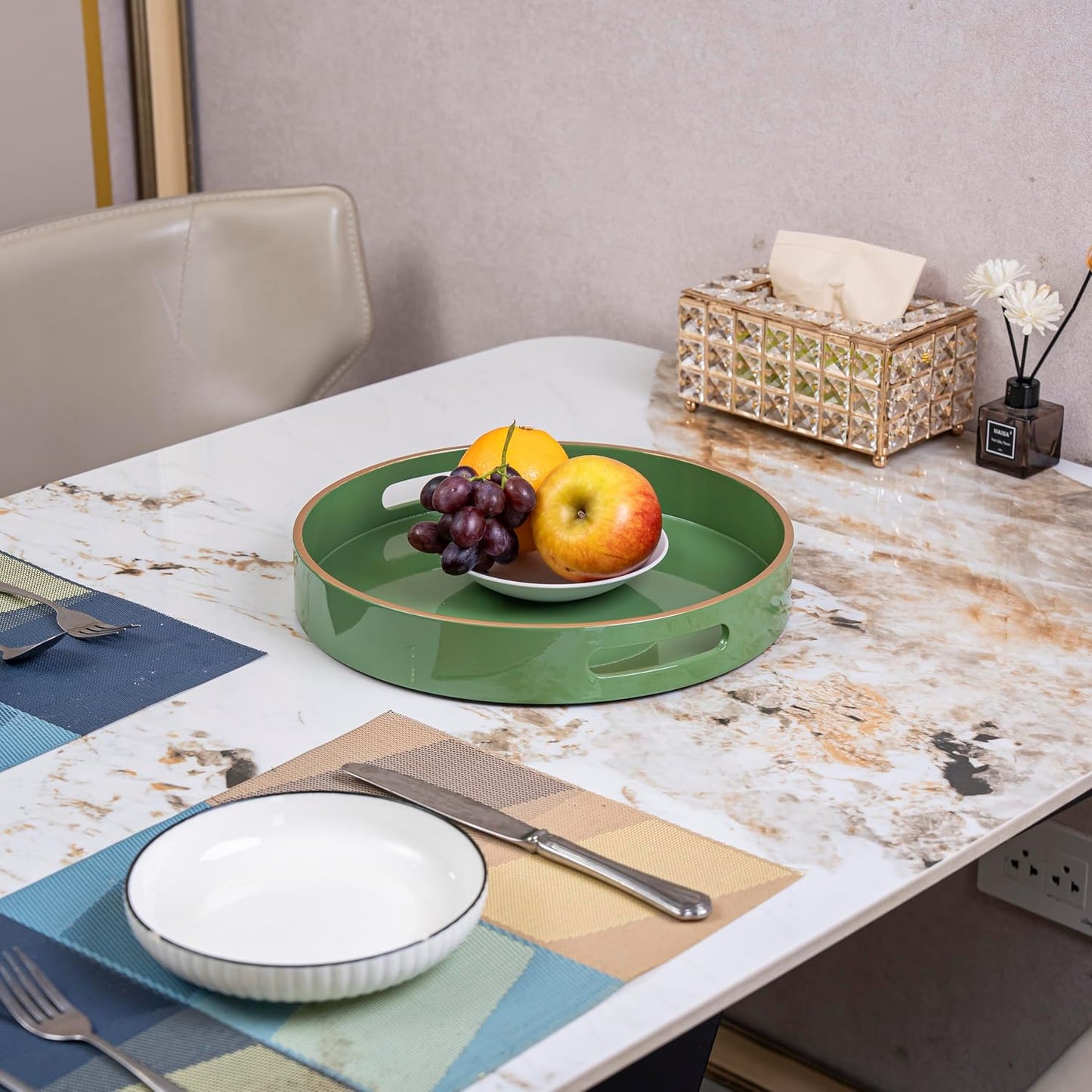 PEMAR 12.6" Round Lacquer Serving Tray with Insert Handle Decorative Basket Tray for Breakfast, Dinner, Coffee Table Decor (Green)