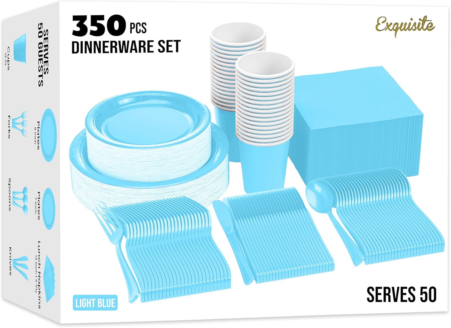 Exquisite 350 Pcs Light Blue Paper Plates For Party, Light Blue Disposable Plates Set, 50 Of Each 9" Dinner Plate Set, 7" Dessert Plate, Cups, Napkins & Cutlery Paper Dinnerware
