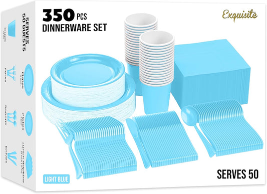 Exquisite 350 Pcs Light Blue Paper Plates For Party, Light Blue Disposable Plates Set, 50 Of Each 9" Dinner Plate Set, 7" Dessert Plate, Cups, Napkins & Cutlery Paper Dinnerware