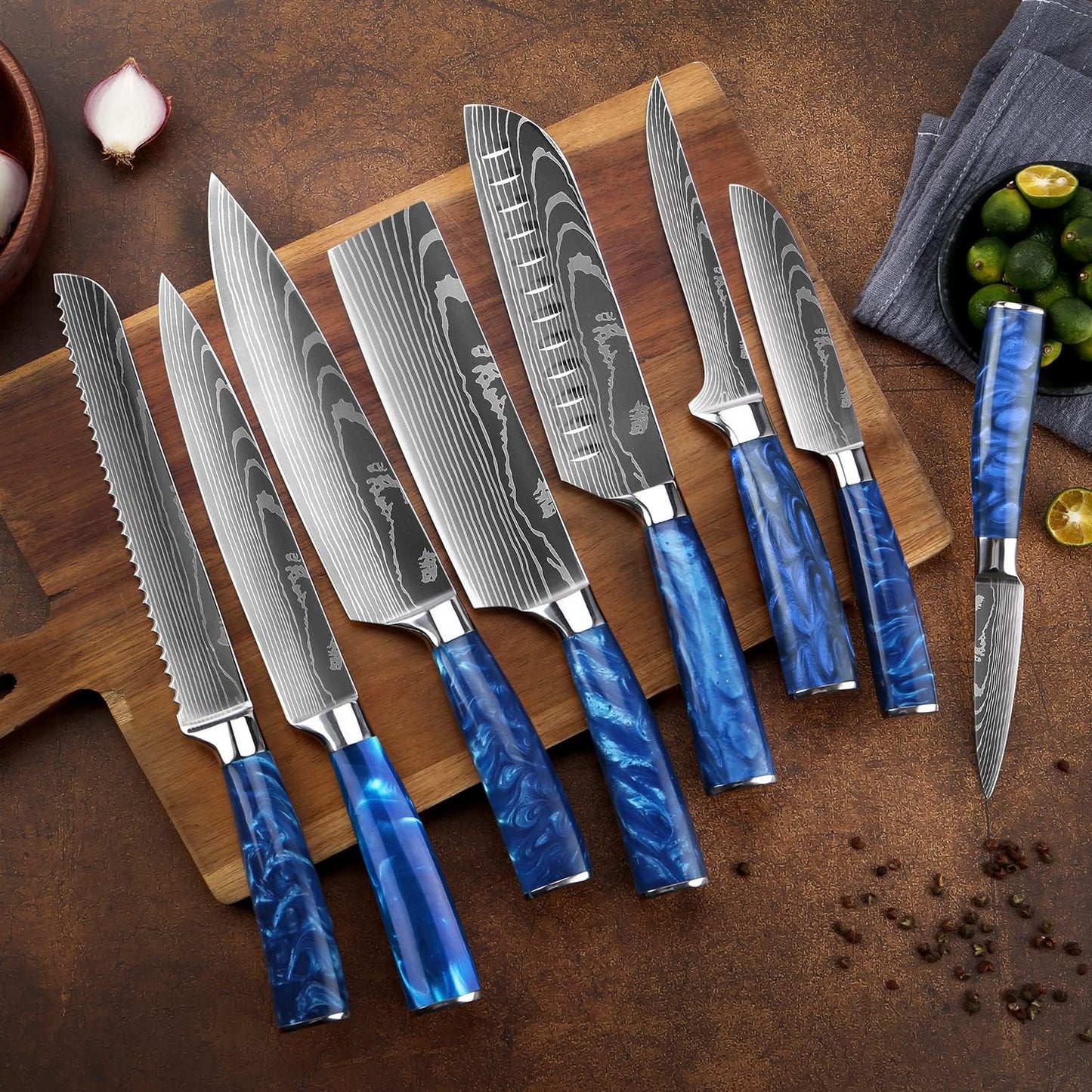 SENKEN 16-Piece Kitchen Knife Block Set - Japanese Chef's Knife Set with Laser Damascus Pattern, Includes 6 Steak Knives and Smoothly-Finished Acacia Hardwood Knife Block (Blue Resin Handles)