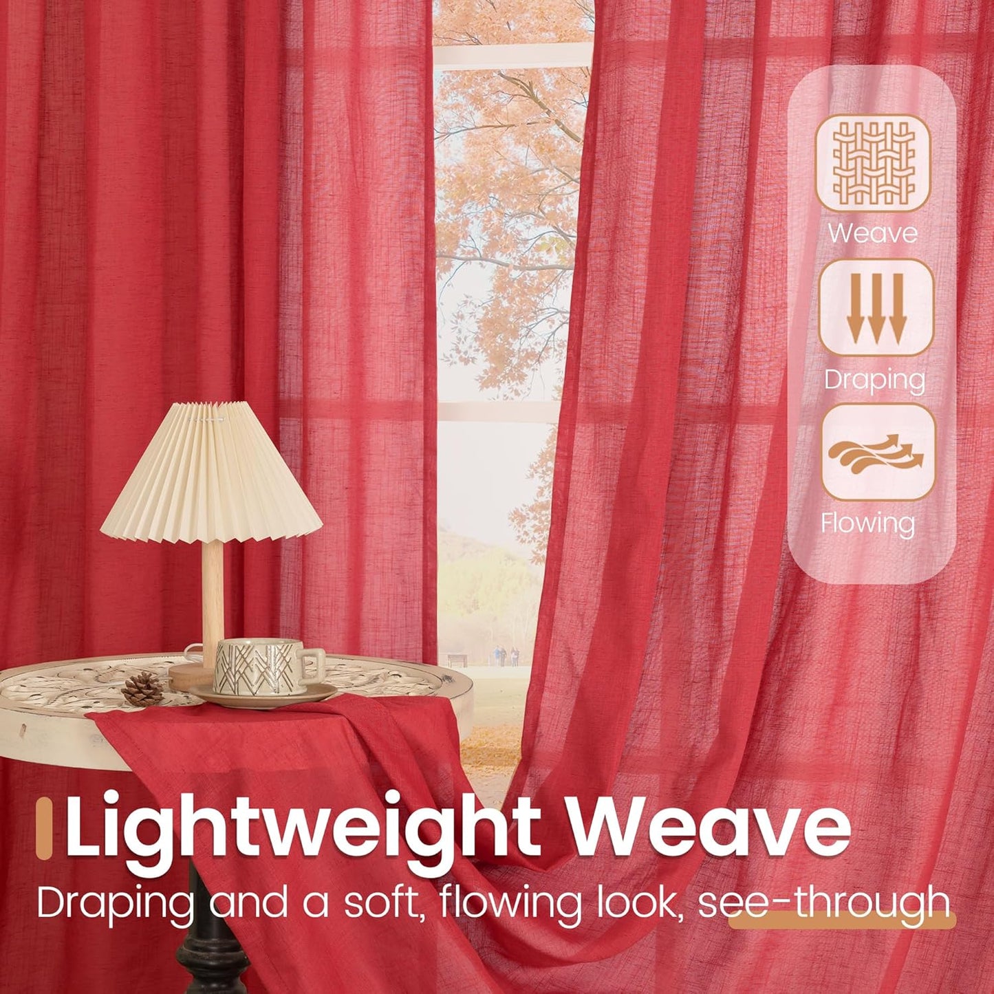 BGment Red Linen Semi Sheer Curtains for Living Room - Light Filtering Drapes with Rod Pocket for Dining Bedroom Lightweight Christmas Decor, 2 Panels Set, 52 X 80 Inch