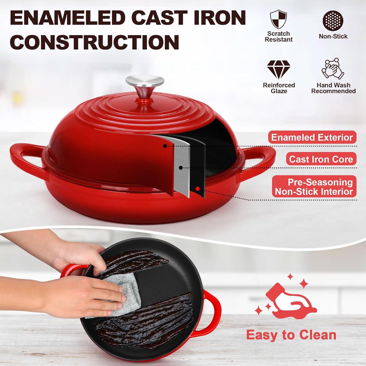 TeamFar Cast Iron Bread Dutch Oven, 6 Qt Enameled Dutch Oven Pot for Sourdough Bread Baking, with Tall Dome Lid & Round Base Pan, Self-Basting & Even-Heating, Heavy-Duty & Non-stick, Red