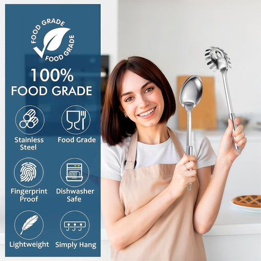 2 Pack Stainless Steel Serving Spoon, Heat Resistant Kitchen Noodle Spoon for Cooking, Serving, Mixing and Spaghetti