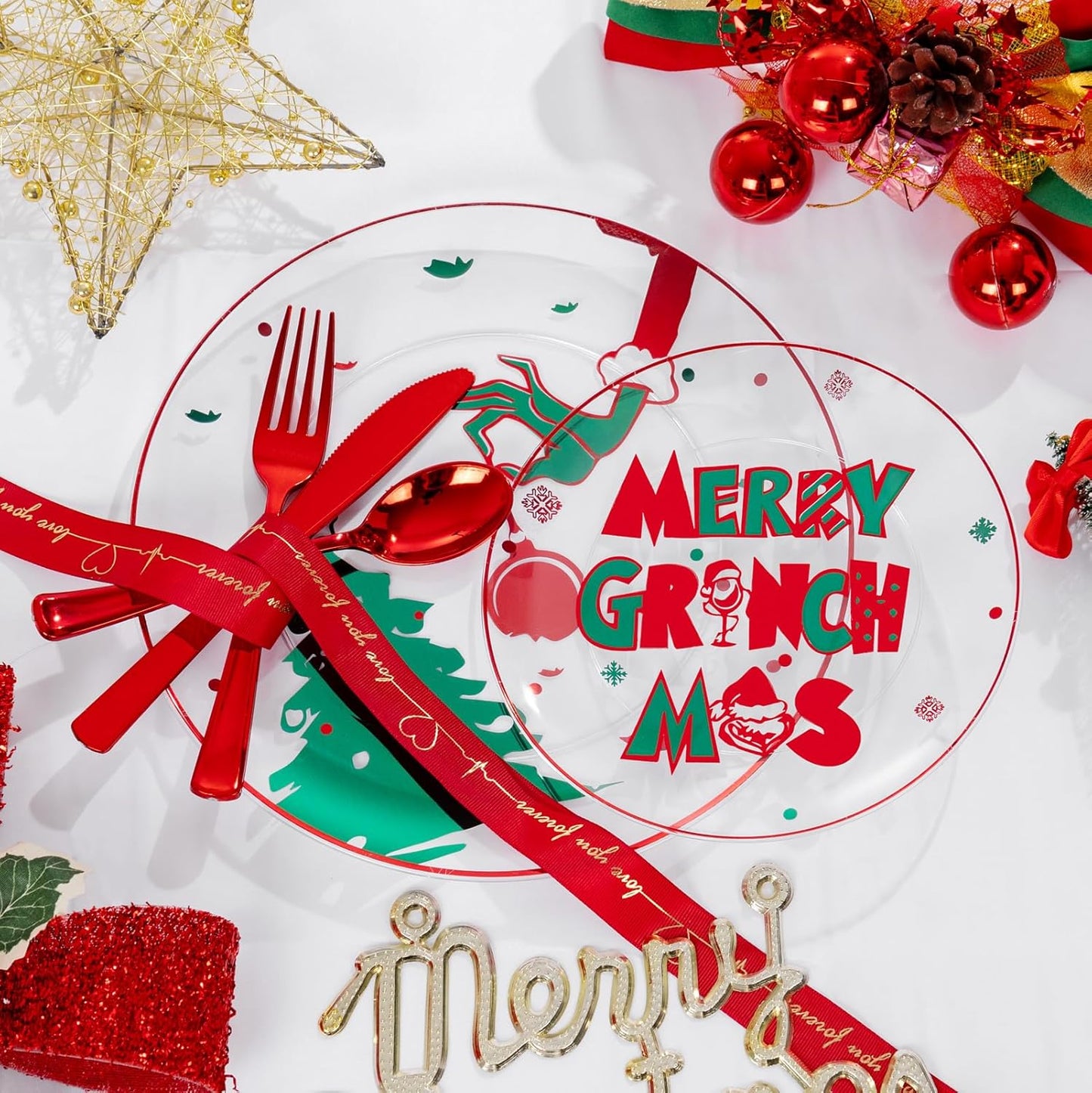 DaYammi 210Pcs Clear Green Monster Plastic Plates Disposable Christmas Dinnerware Set Include 30 Dinner Plates,30 Dessert Platos,30 Forks,30 Knives,30 Spoons,30 Cups,30 Napkins for Christmas Party