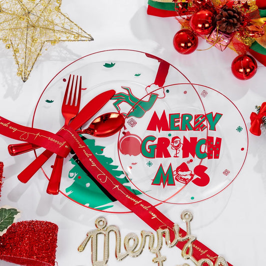DaYammi 210Pcs Clear Green Monster Plastic Plates Disposable Christmas Dinnerware Set Include 30 Dinner Plates,30 Dessert Platos,30 Forks,30 Knives,30 Spoons,30 Cups,30 Napkins for Christmas Party