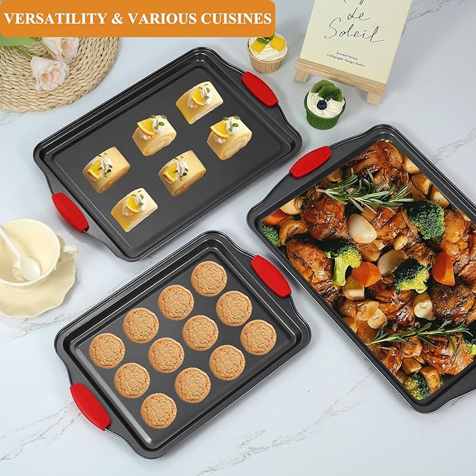 3-Piece Baking Pan Set - Nonstick Cookie Sheets with Silicone Handles, Carbon Steel Bakeware for Oven, Stackable Baking Trays Set - Home Kitchen Bakeware
