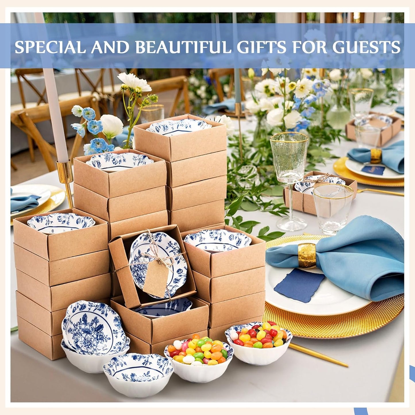 48 Pcs Wedding Favors for Guests Small Ceramic Bowl Bulk Gifts Set 3.3 Inch Floral Design Mini Dipping Bowl Sauce Dish with Cards Box for Bridal Baby Shower Birthday Guest Gift (Blue)