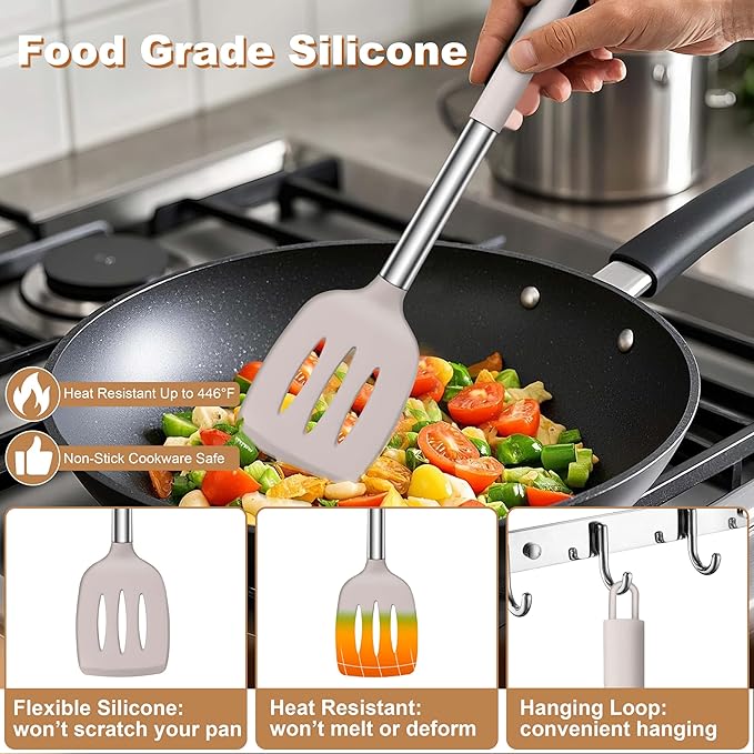 LIANYU 4Pcs Kitchen Utensils Set, Silicone Cooking Utensil Spatula Set, Heat Resistant Kitchen Tools for Nonstick Cookware, Stainless Steel Handle, Dishwasher Safe, Khaki