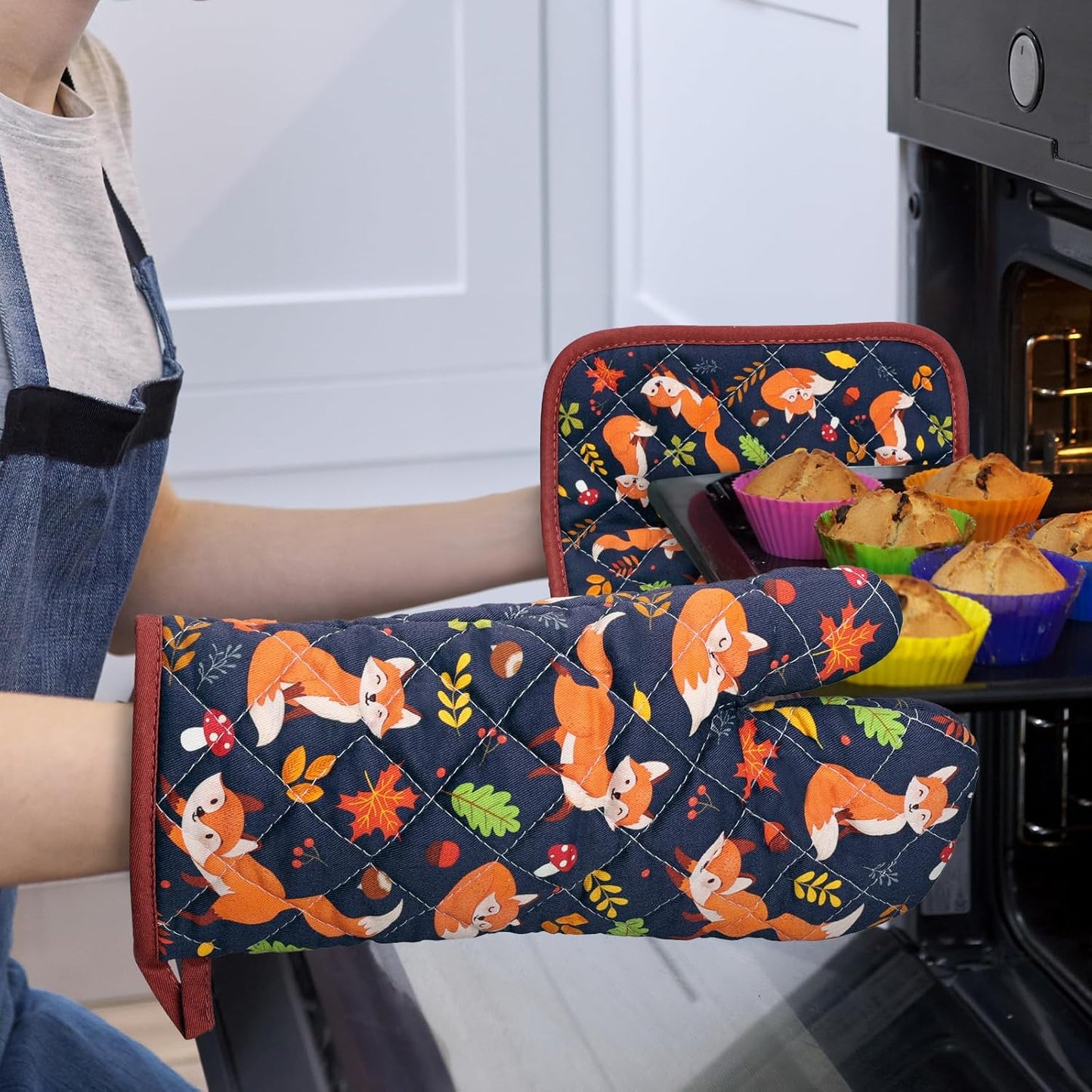 Fox Leaf Oven Mitts and Pot Holders Sets 4Pcs, 100% Cotton Heat Resistant, Extra Long Oven Gloves Potholder for Kitchen Cooking Baking Decoration