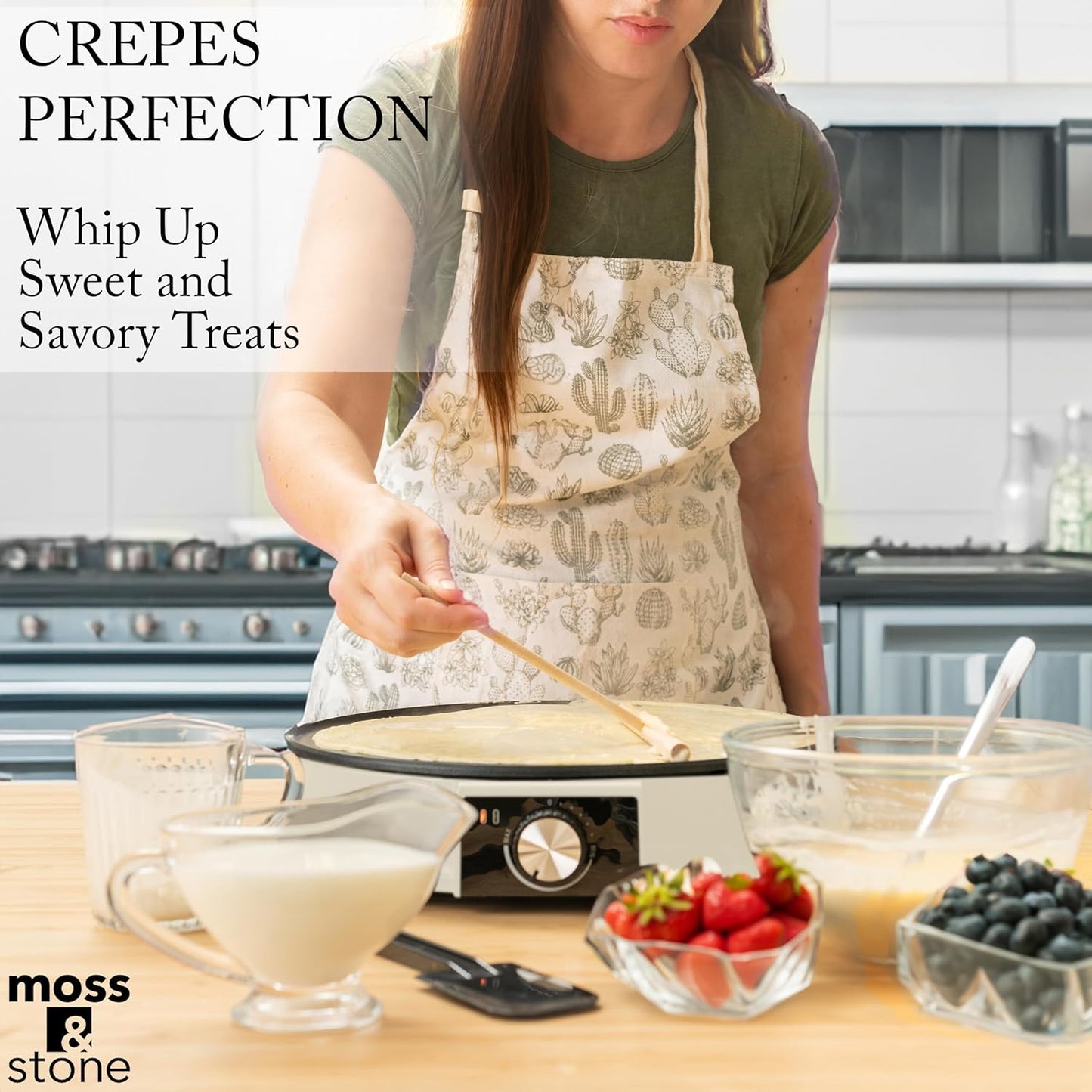 Moss & Stone 12” Electric Griddle Pan & Crepe Machine, Non-Stick Electric Crepe Maker with Adjustable Temperature, Includes Spreader & Spatula – Ideal for Pancakes, Blintzes & Tortillas