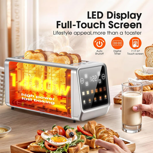 4-Slice Smart Toaster with Digital Touchscreen & 1-Touch Memory for Family | Stainless Steel, Extra-Wide Long Slots for Bagels & Artisan Bread | All-in-One Defrost, Reheat & Single-Slice Modes