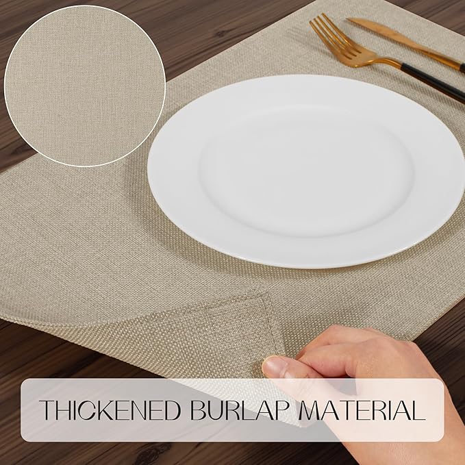 Romanstile Cloth Placemats Set of 6-12 x 18 Inch, Heat Resistant Double Layered Thickened Burlap Place Mats, Washable Faux Linen Farmhouse Table Mats for Kitchen/Dining/Party/Outdoor, Beige